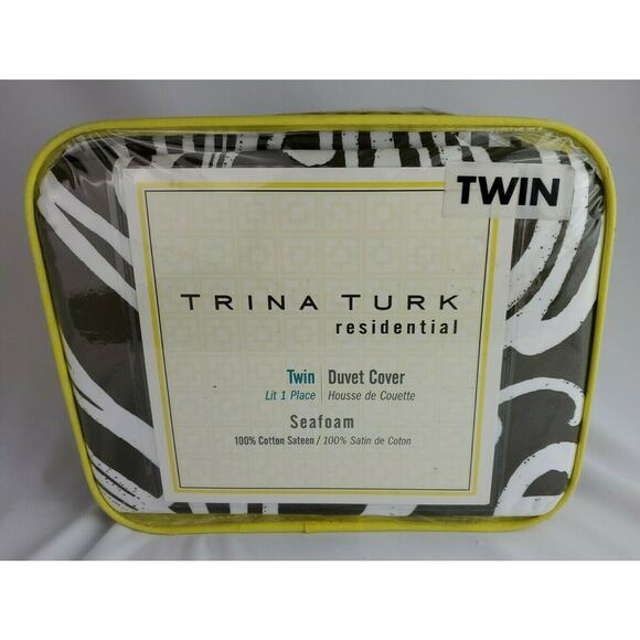 Trina Turk Twin Duvet Cover Seafoam Brown White 100% Cotton Sateen New - Picture 2 of 5